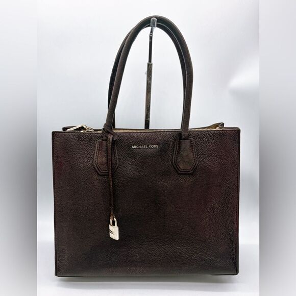 Michael Kors Pebbled Leather Mercer Handbag, Dyed Chocolate Brown - Picture 1 of 13